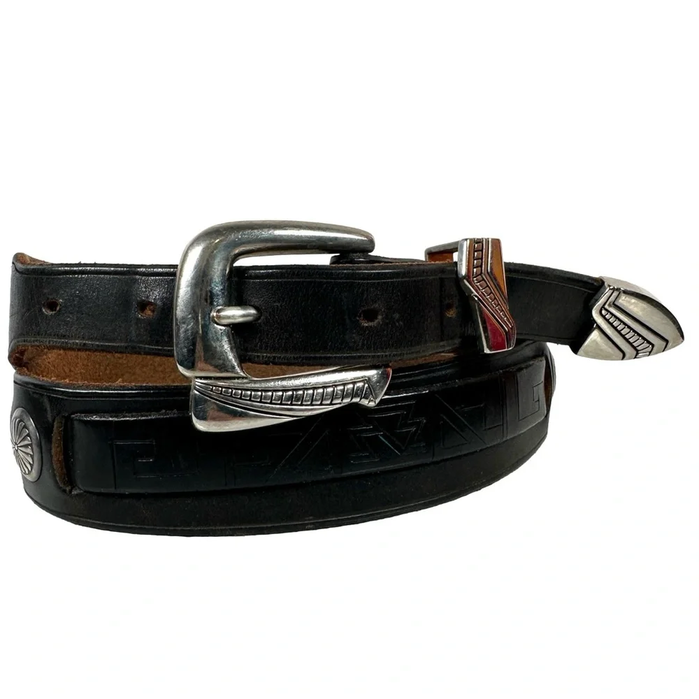 Black Leather Belt western Silver Buckle concho southwestern cowboy cowgirl boho